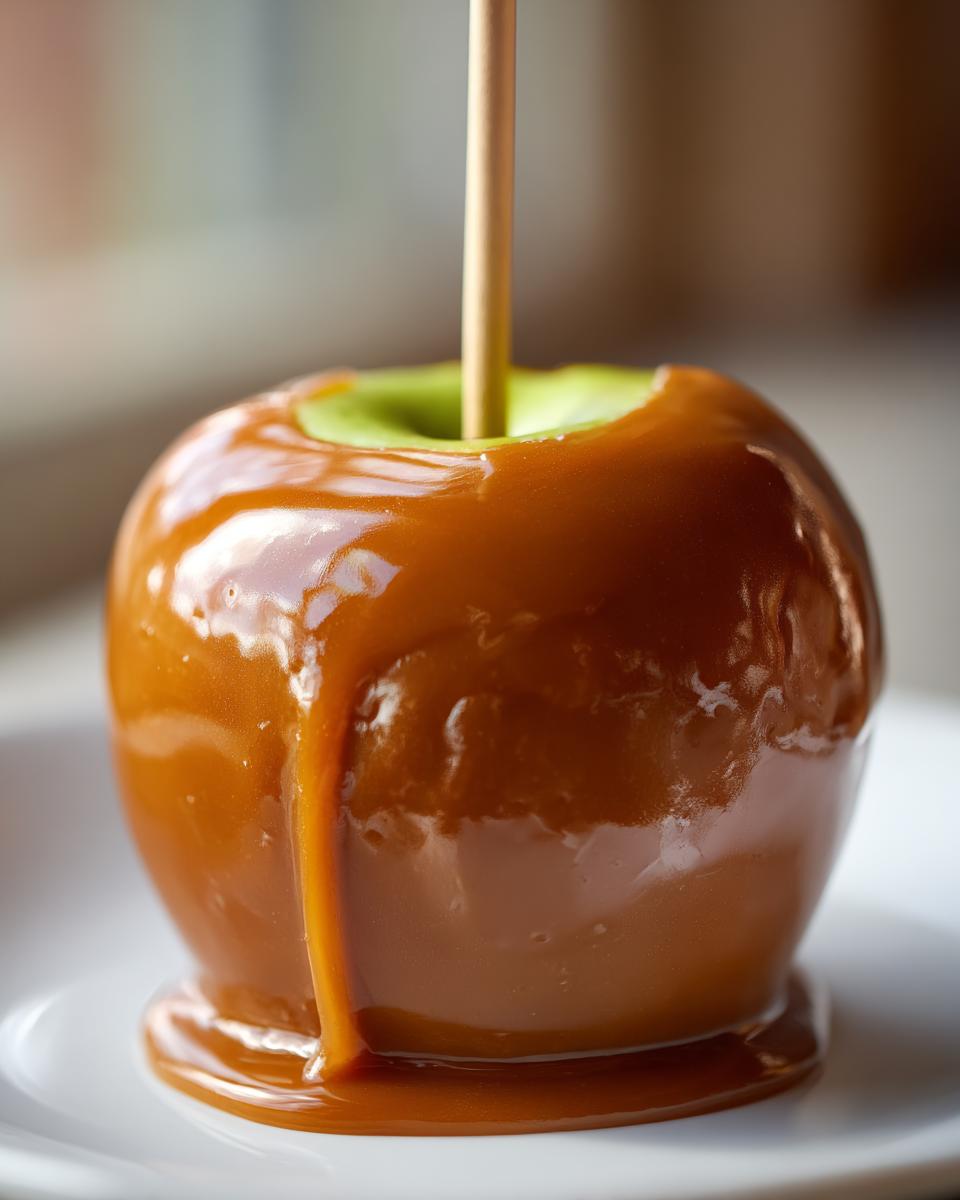 Close-up of a shiny, freshly dipped caramel apple on a stick, with caramel dripping onto a white plate.