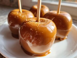Four glossy, homemade caramel apples on sticks, sitting on a white plate, ready to be enjoyed.