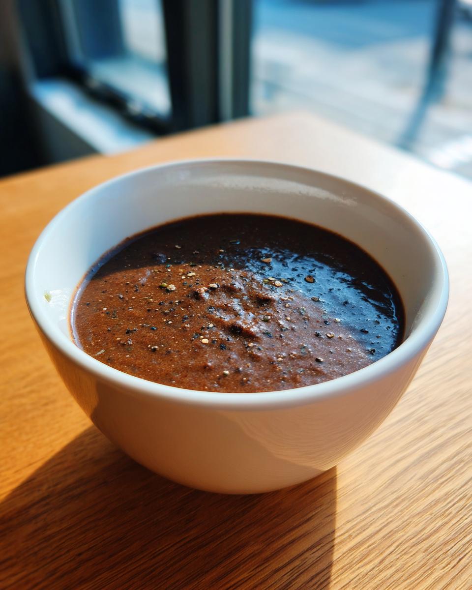 Close-up of thick, dark brown black bean soup topped with cracked pepper in a white bowl.