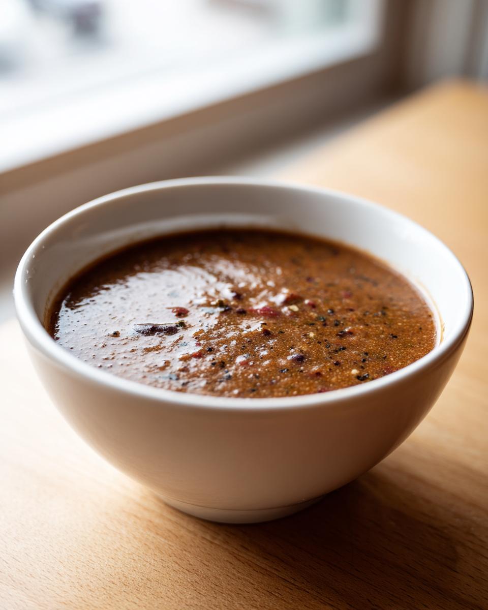 Close-up of rich, thick black bean soup seasoned with pepper flakes in a white bowl.