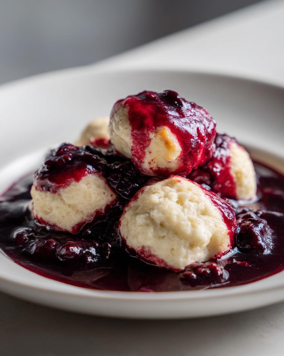 A close-up of several fluffy, round Blackberry Dumplings smothered in a rich, dark purple blackberry sauce.