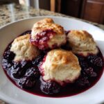 Close-up of warm Blackberry Dumplings served in a rich, dark purple blackberry sauce.