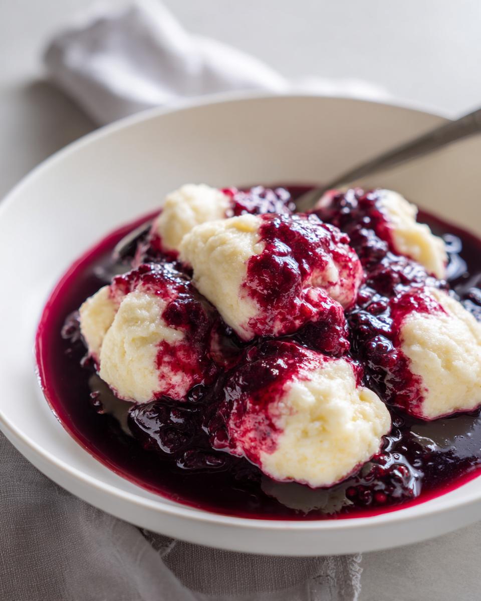 Close-up of fluffy white Blackberry Dumplings smothered in a deep purple, rich blackberry sauce in a white bowl.
