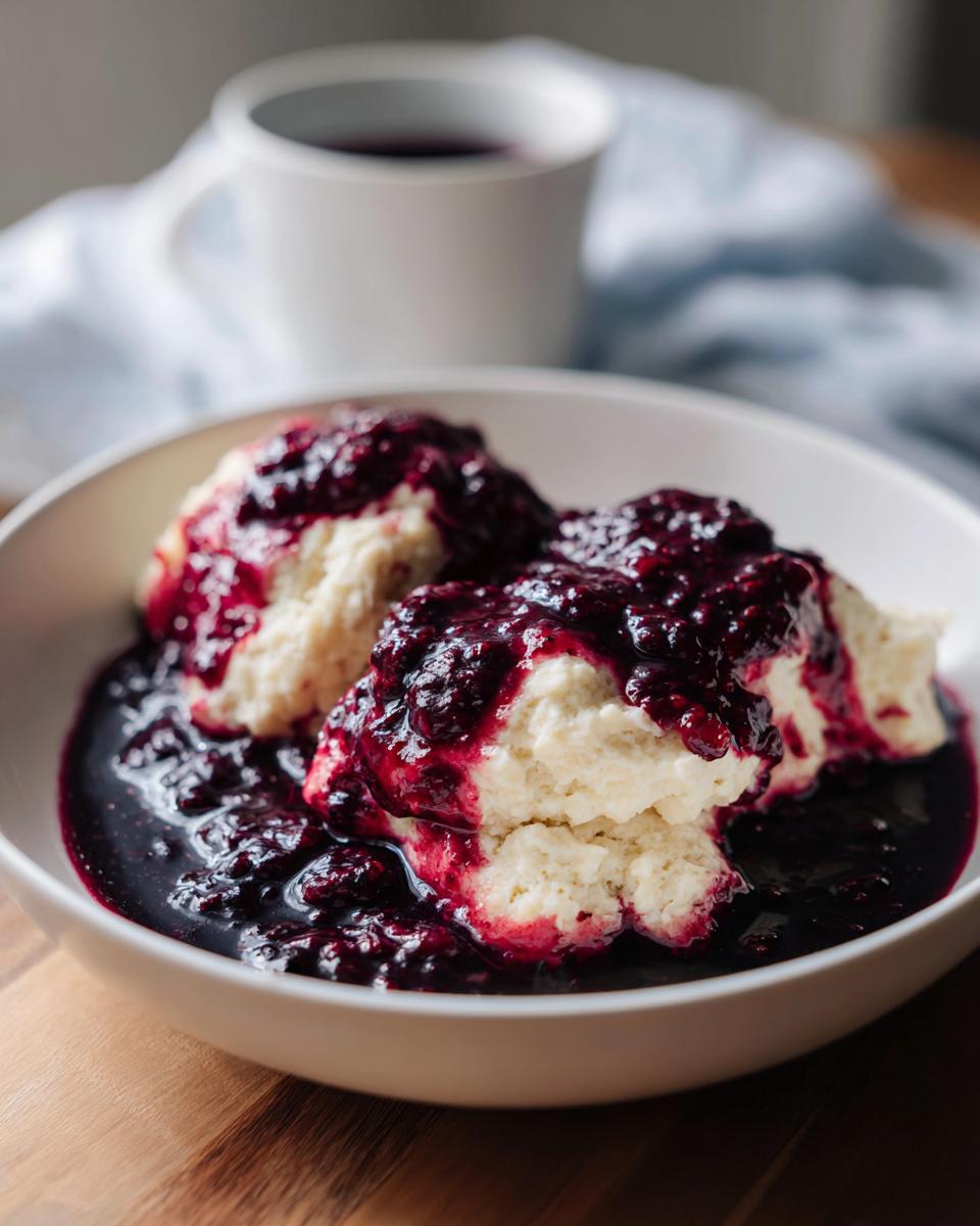 Close-up of fluffy white Blackberry Dumplings generously topped with a thick, dark purple blackberry sauce in a white bowl.