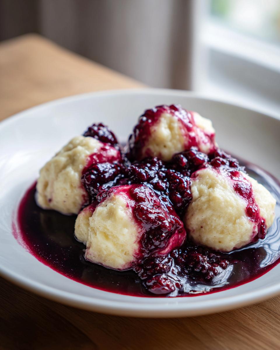 Close-up of four fluffy Blackberry Dumplings smothered in a rich, dark blackberry sauce on a white plate.