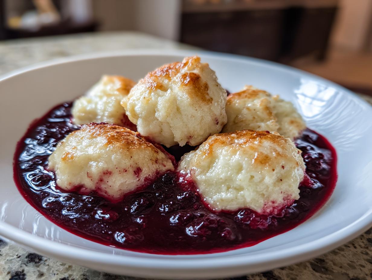 Close-up of golden-brown Blackberry Dumplings served in a vibrant, dark purple blackberry sauce in a white bowl.