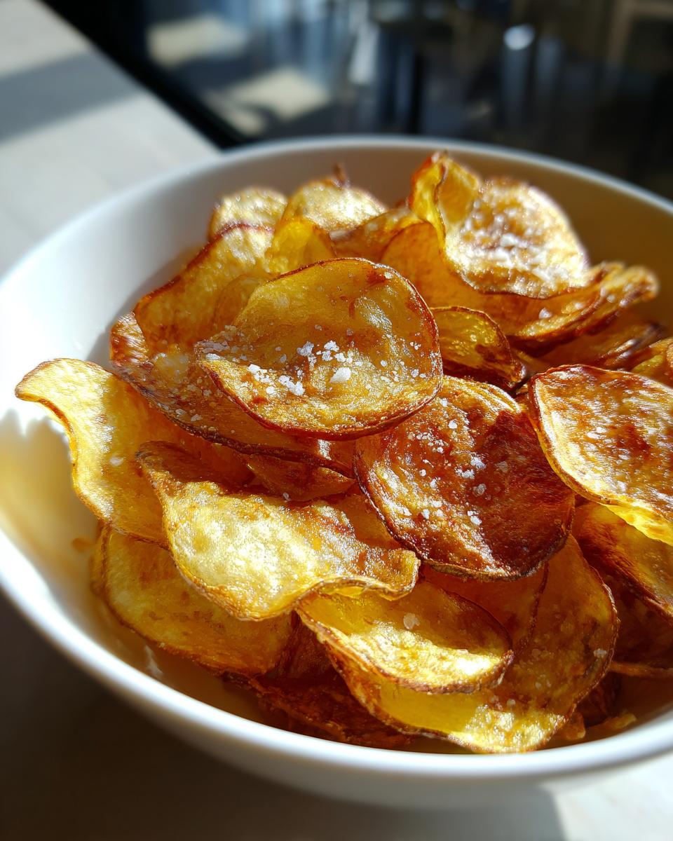 Close-up of golden brown, crispy air fryer potato chips sprinkled with coarse salt in a white bowl.