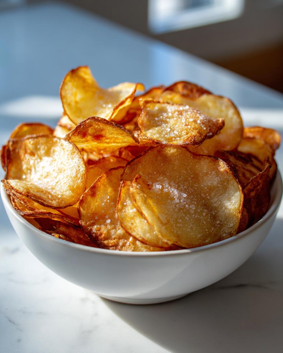 A white bowl overflowing with golden, crispy air fryer potato chips sprinkled generously with coarse sea salt.