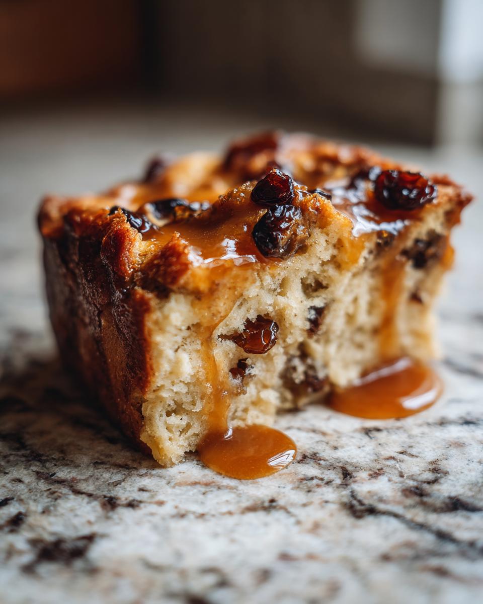 A close-up of a slice of bread pudding with bourbon sauce drizzling down the side, featuring visible raisins.