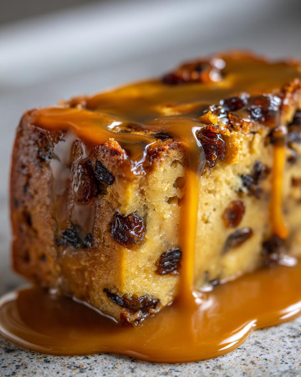 Close-up of a slice of bread pudding with raisins, generously topped with rich bourbon sauce dripping down the sides.