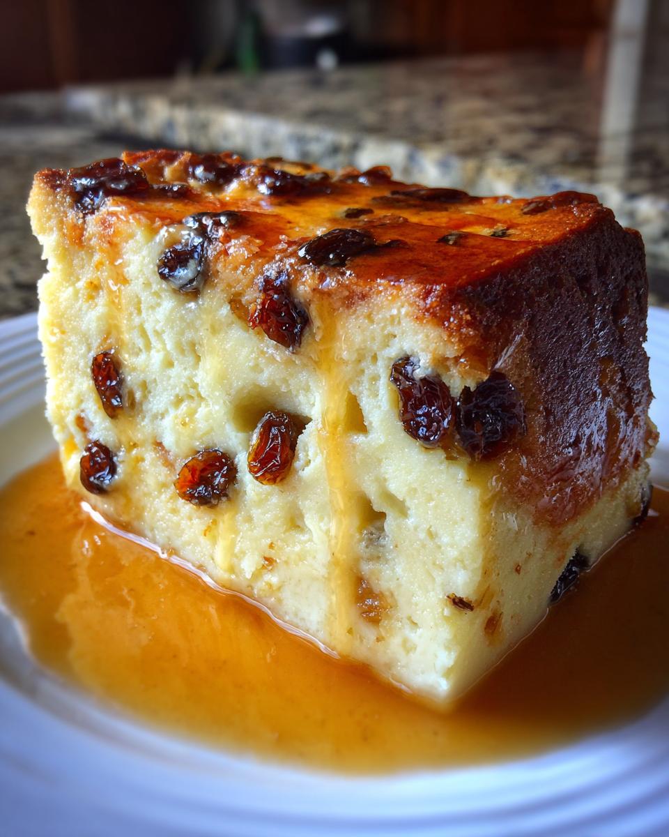 A close-up of a rich slice of bread pudding with bourbon sauce pooling around it, studded with raisins.