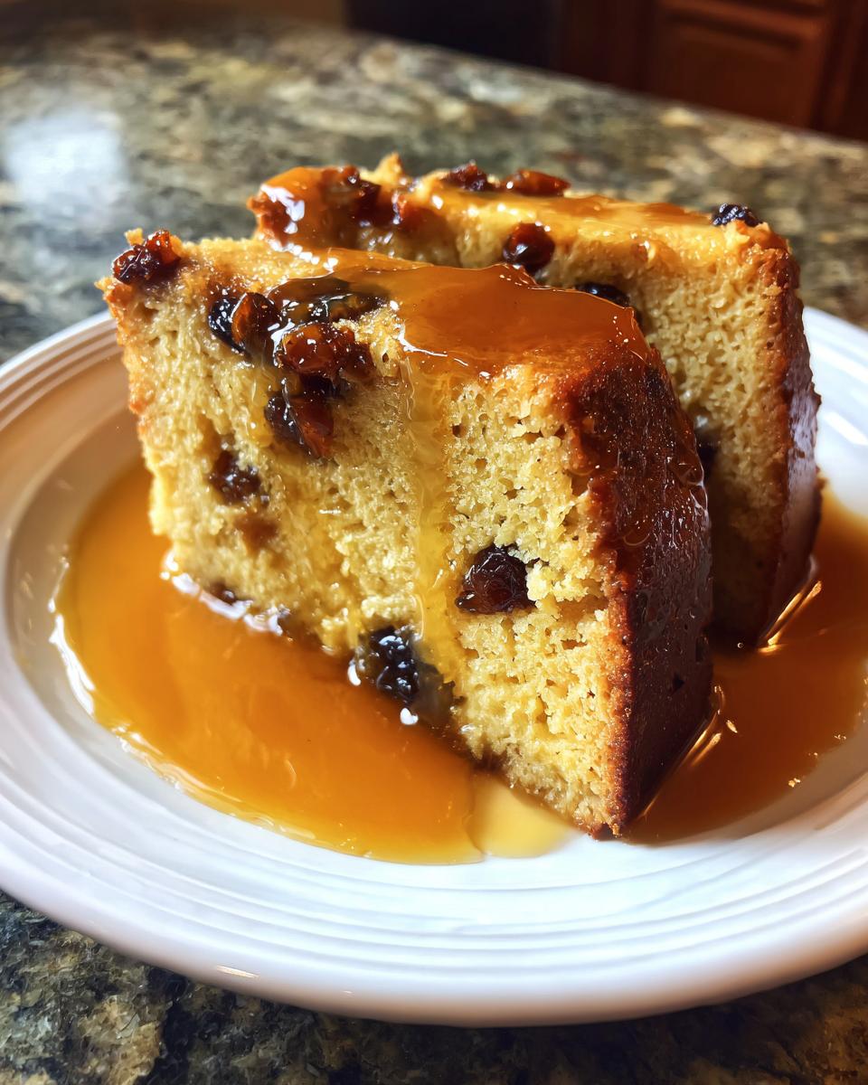 Two rich slices of bread pudding with raisins, generously drizzled with bourbon sauce.