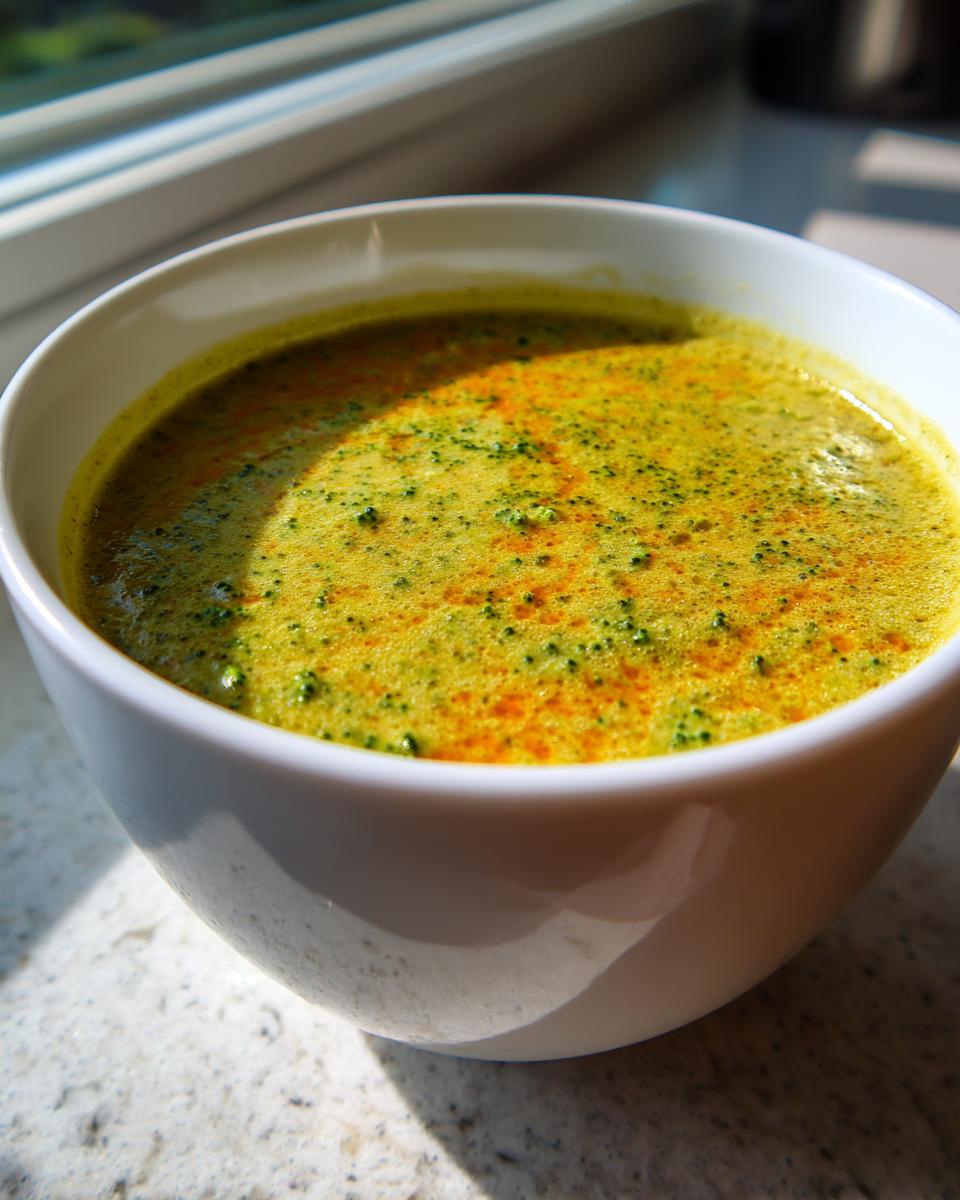 Close-up of creamy, bright yellow broccoli cheddar soup with green flecks, served in a white bowl by a sunny window.