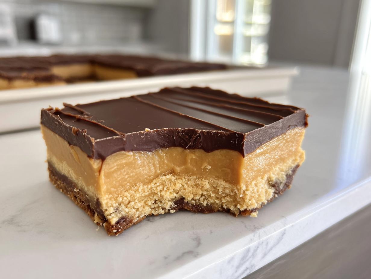 A square piece of rich buckeye fudge with a bite taken out, showing peanut butter filling and chocolate topping.