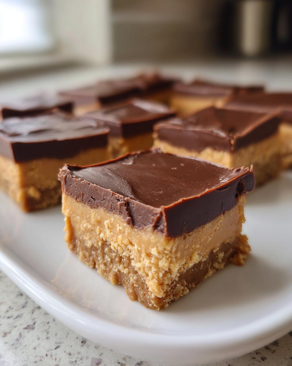 A close-up of a square piece of buckeye fudge showing three distinct layers: a crumbly base, a peanut butter layer, and a smooth chocolate topping.