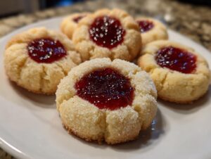Close-up of several buttery thumbprint cookies filled with glistening red jam, resting on a white plate.