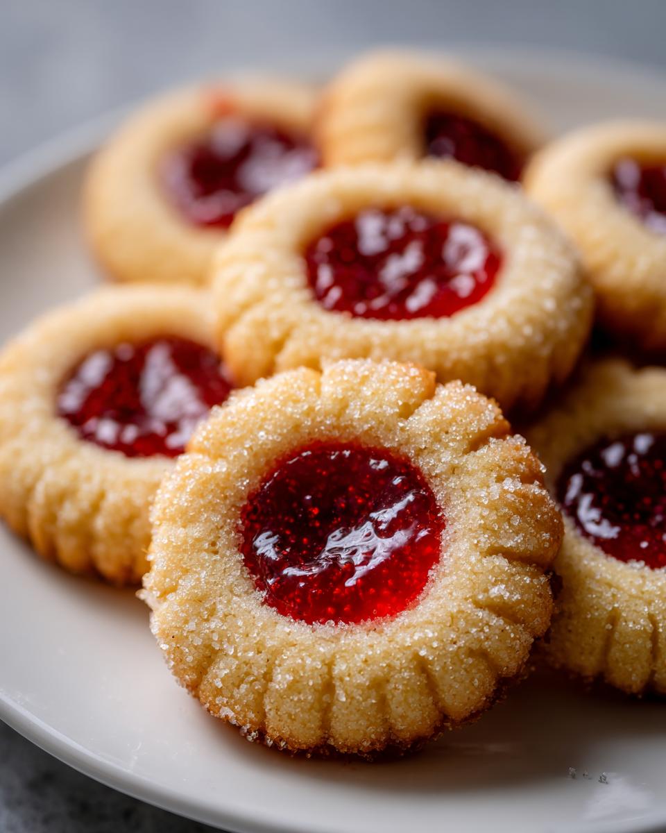 Close-up of several buttery thumbprint cookies, rolled in sugar and filled with glistening red jam.