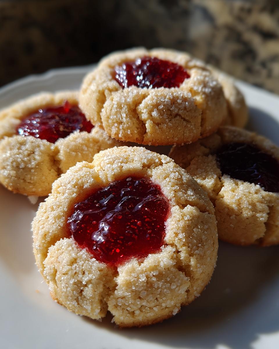 Close-up of buttery thumbprint cookies rolled in sugar and filled with bright red raspberry jam.