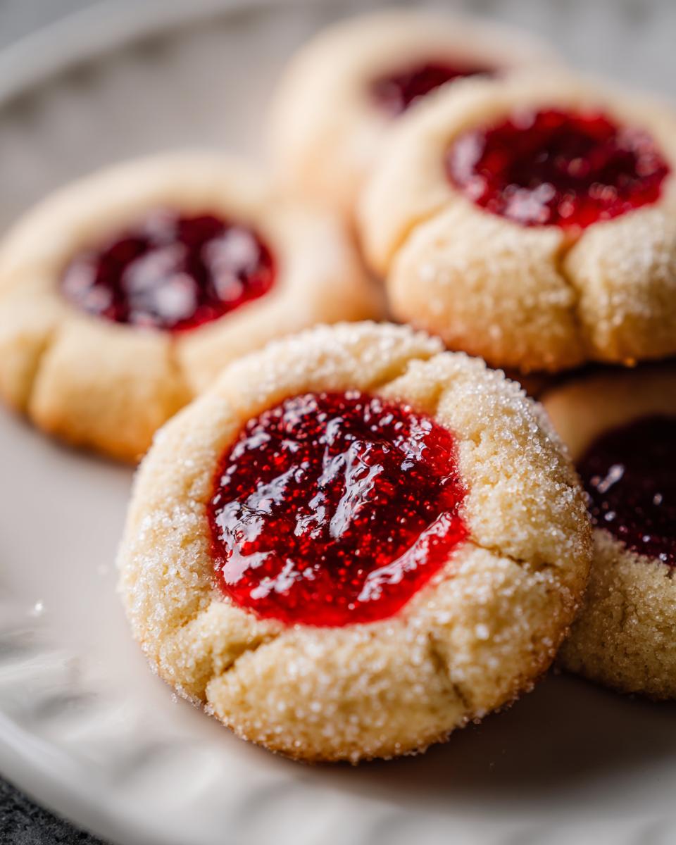 A close-up photo of several buttery thumbprint cookies rolled in sugar and filled with bright red raspberry jam.