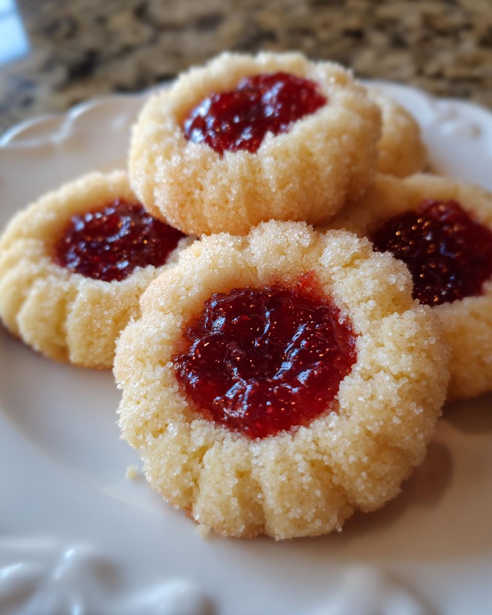 Close-up of buttery thumbprint cookies rolled in sugar and filled with bright red raspberry jam.