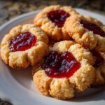 Close-up of several buttery thumbprint cookies, coated in sugar and filled with bright red jam, piled on a white plate.