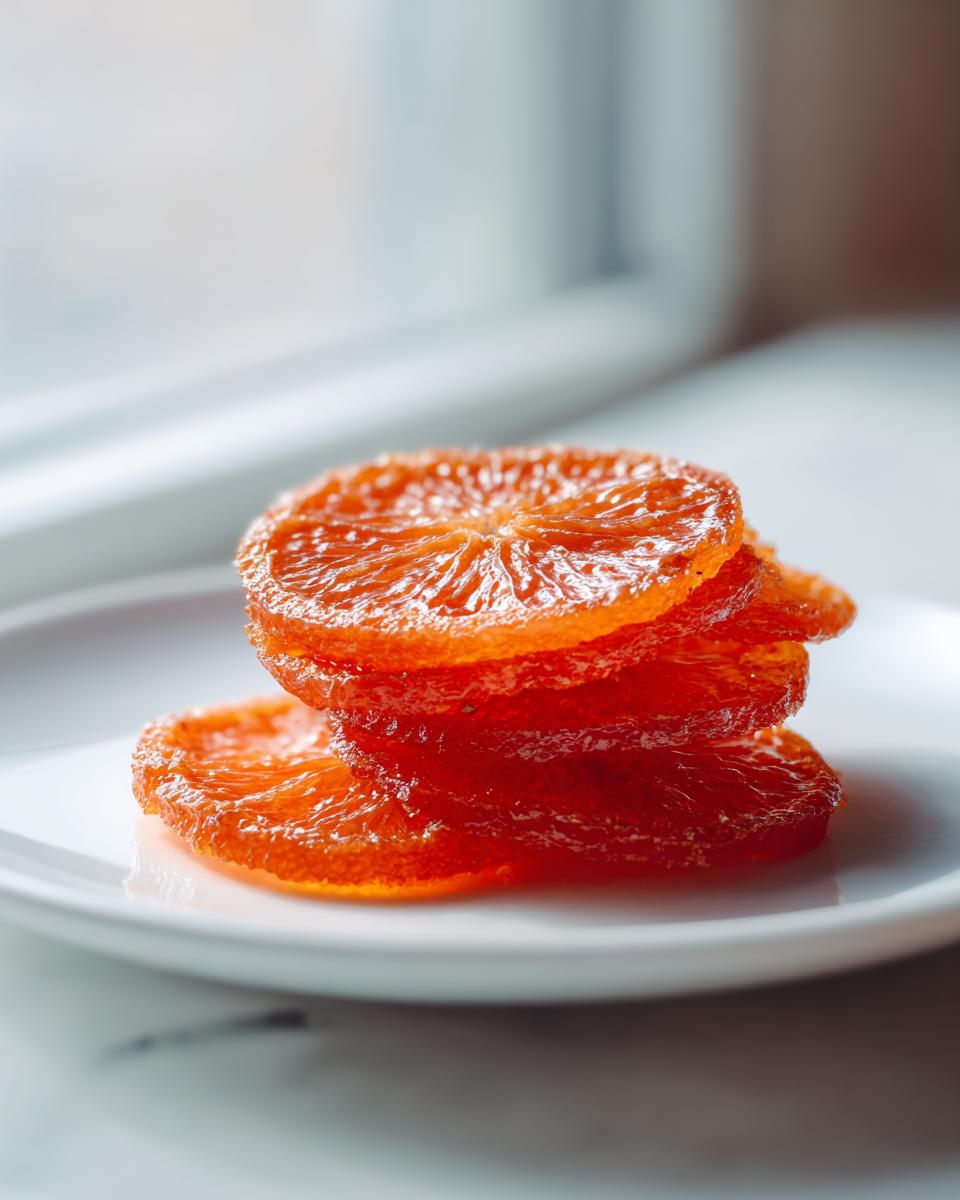 A close-up stack of glistening, bright orange candied orange slices resting on a white plate near a window.