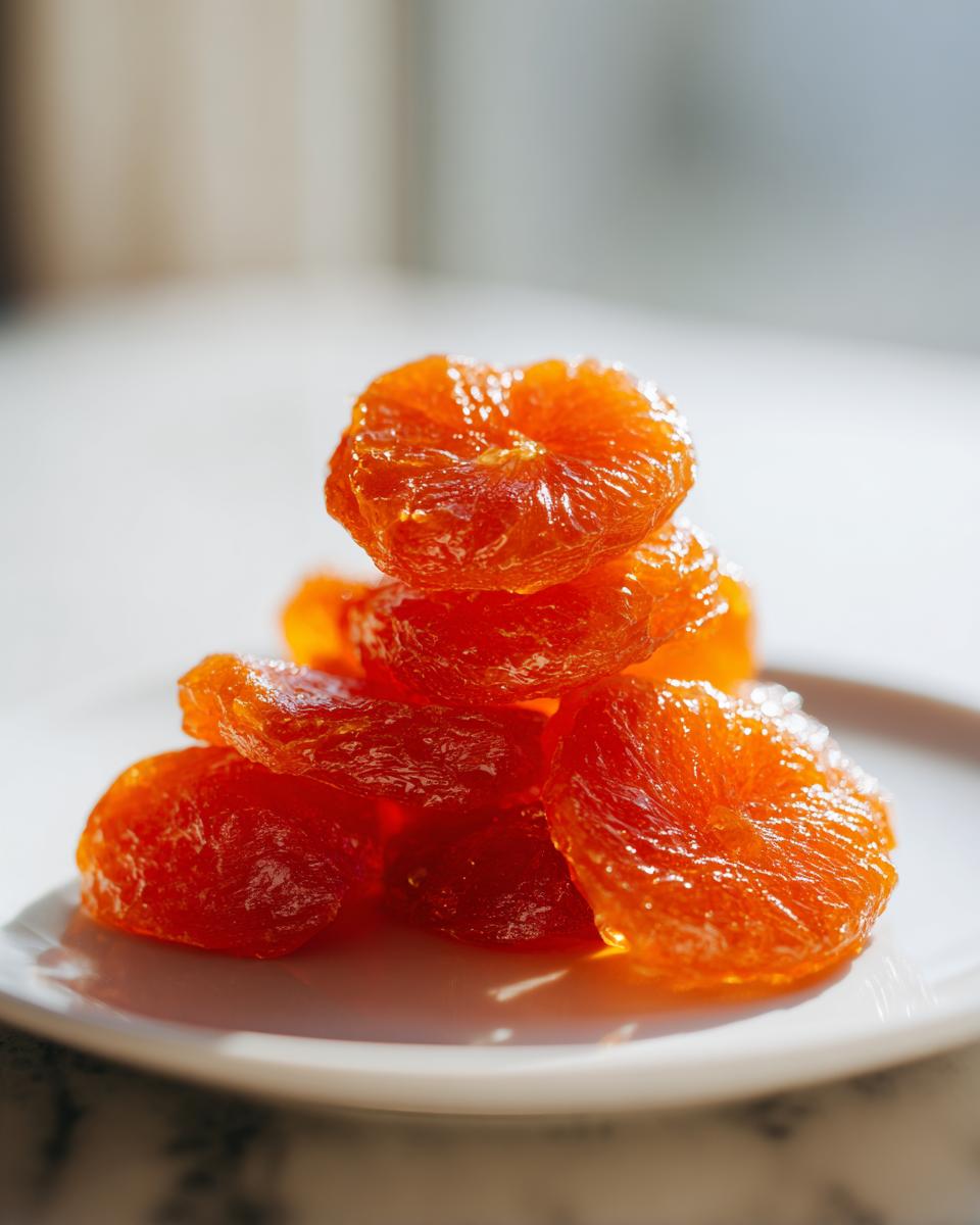 Close-up of a small stack of glistening, bright orange candied orange slices resting on a white plate.