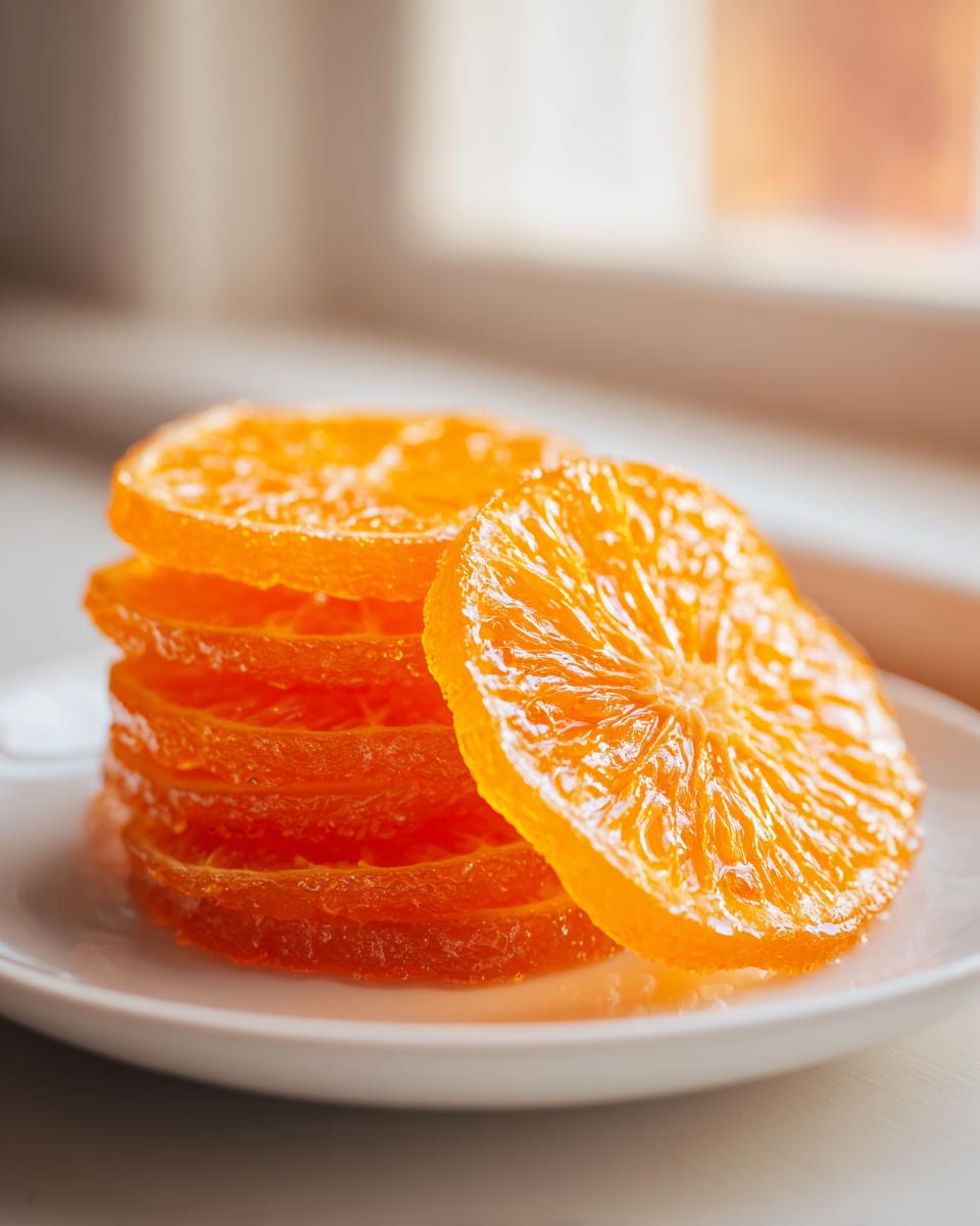 Close-up of a stack of glistening, bright orange candied orange slices resting on a white plate.