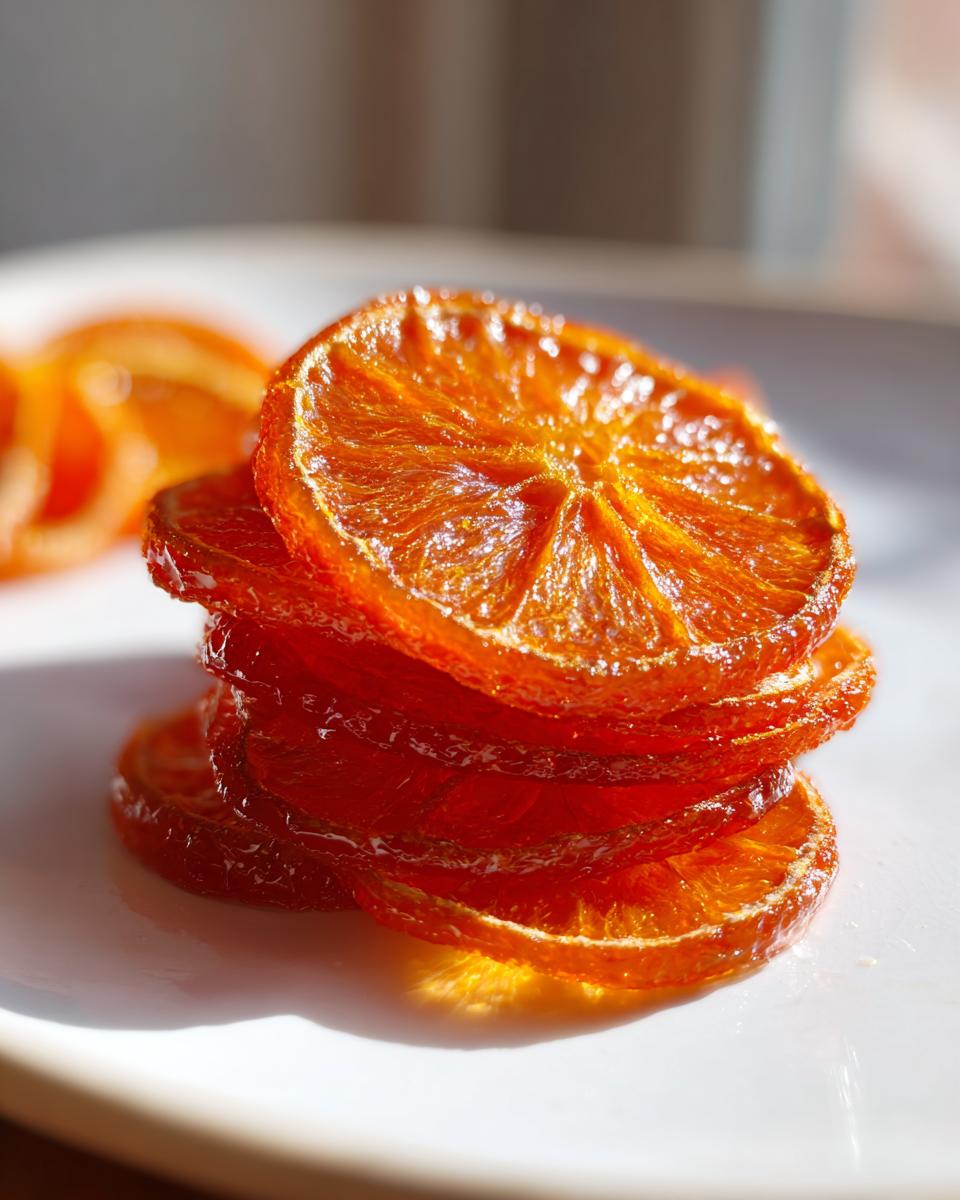 Close-up of a small stack of glistening, translucent candied orange slices on a white plate.