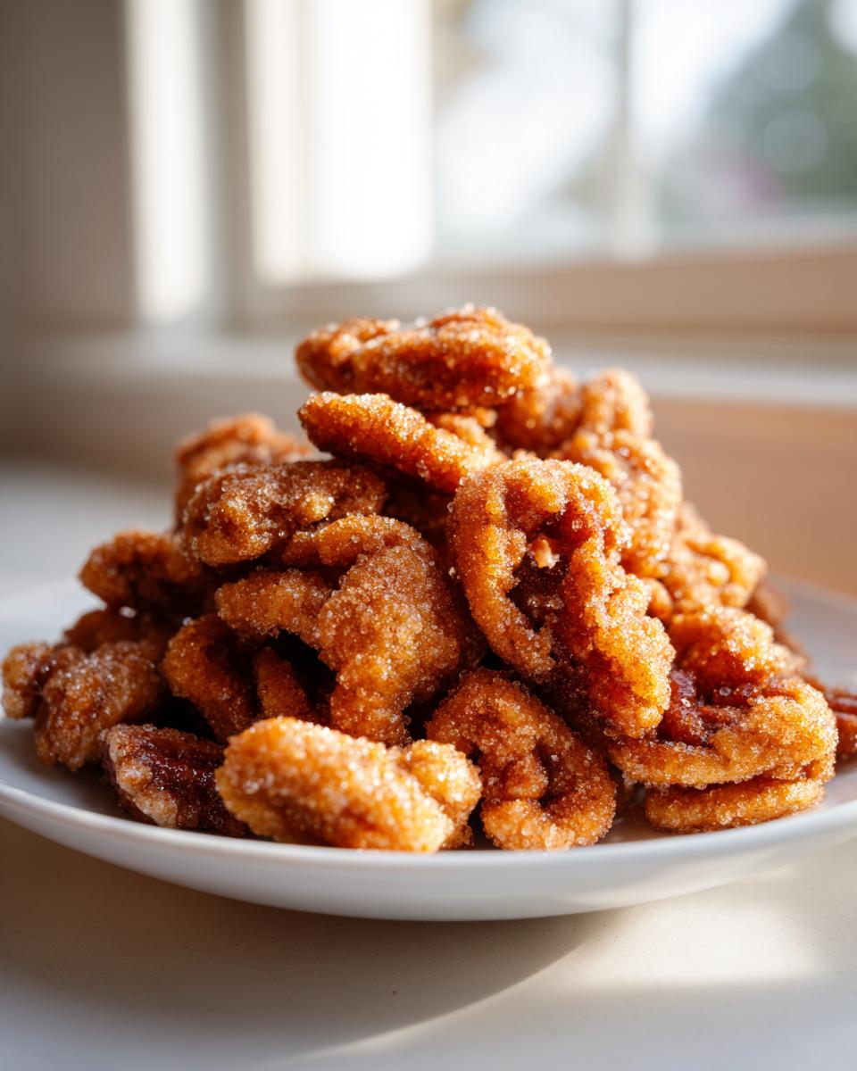 A mound of freshly made candied pecans recipe nuts, coated in sugar crystals, piled on a white plate near a bright window.