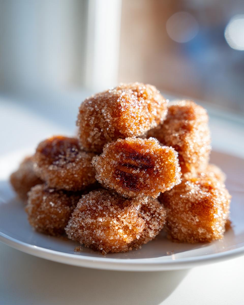 A close-up of a pile of crunchy candied pecans recipe pieces coated heavily in sparkling sugar crystals.