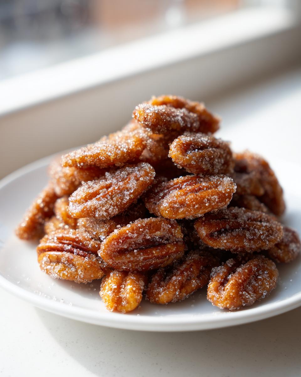 A close-up of a pile of freshly made candied pecans recipe nuts coated heavily in sparkling sugar crystals.