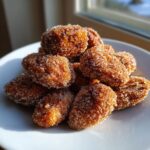 A close-up pile of freshly made candied pecans recipe coated heavily in sparkling sugar crystals, sitting on a white plate.