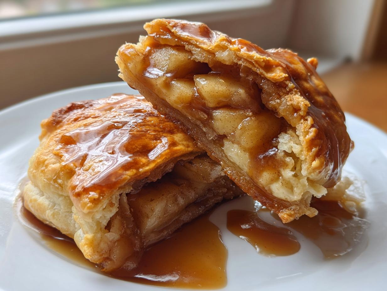 Two halves of a flaky pastry apple dumpling, filled with spiced apples and drizzled heavily with caramel sauce.