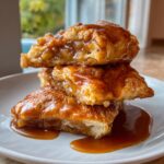 Three stacked slices of flaky apple dumpling covered in rich caramel sauce on a white plate.