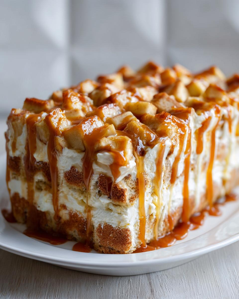 A close-up of a layered caramel apple trifle featuring cake or ladyfingers, cream, and topped with diced apples and thick caramel sauce.