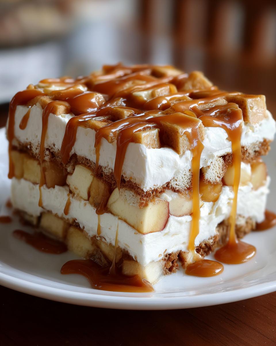 A decadent, layered slice of caramel apple trifle featuring cream, cake pieces, apples, and rich caramel sauce drizzled over the top.