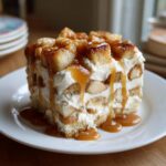 A close-up of a square slice of caramel apple trifle layered with cake, cream, and topped with caramel sauce.