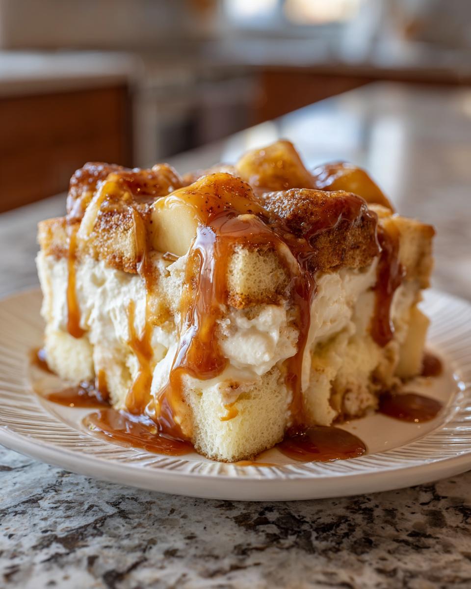 A close-up of a square serving of caramel apple trifle layered with cake, cream, and topped with spiced apples and caramel sauce.