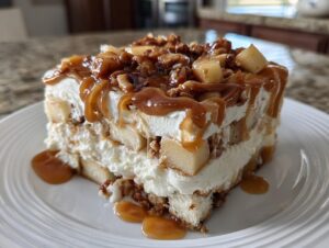 A generous slice of caramel apple trifle layered with cream, cake pieces, apples, and topped with nuts and caramel sauce.