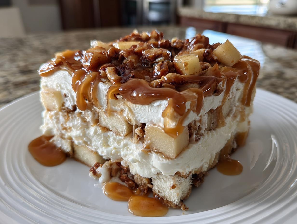 A generous slice of caramel apple trifle layered with cream, cake pieces, apples, and topped with nuts and caramel sauce.