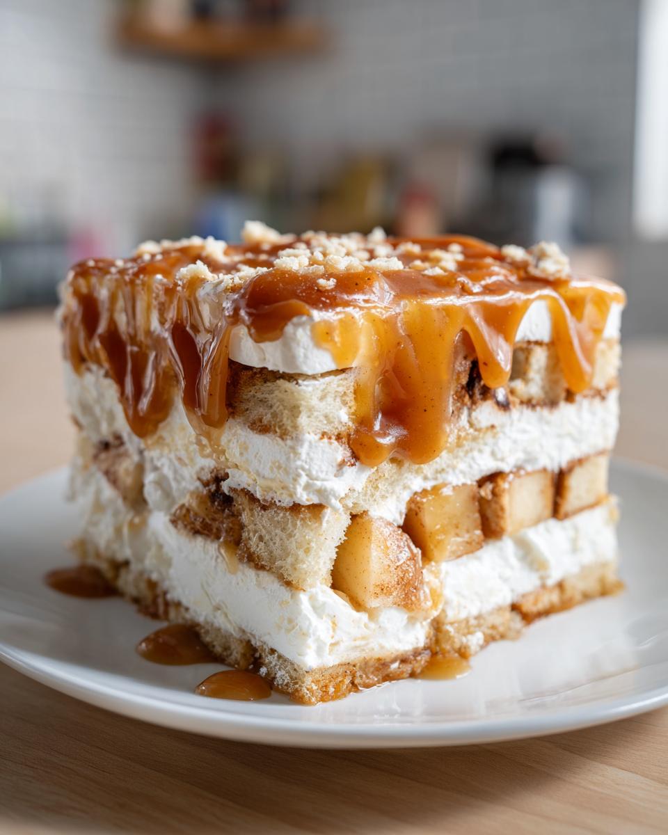 A tall, layered slice of caramel apple trifle featuring cake, cream, spiced apples, and caramel sauce.