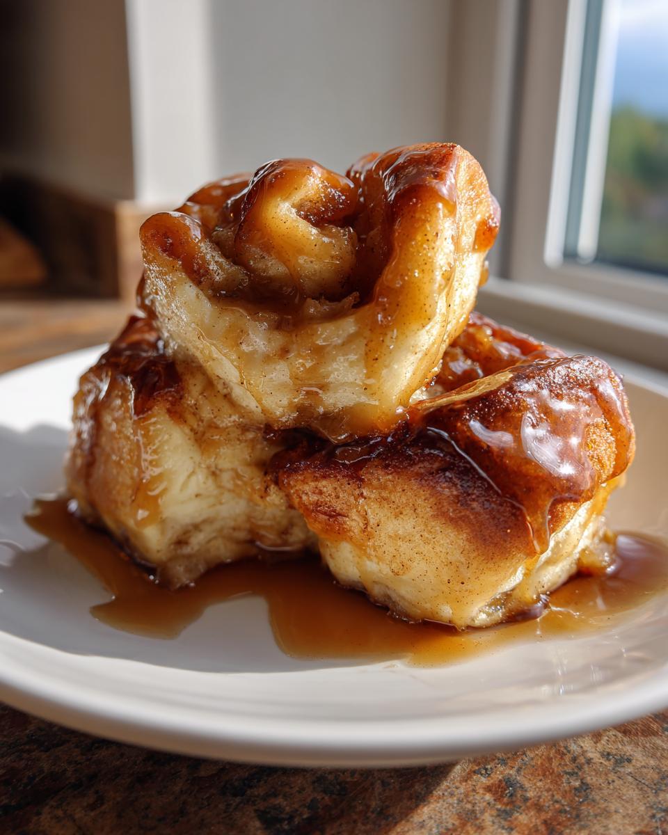 Close-up of three sticky, glazed baked goods, resembling cinnamon rolls or apple dumpling, covered in rich caramel sauce.