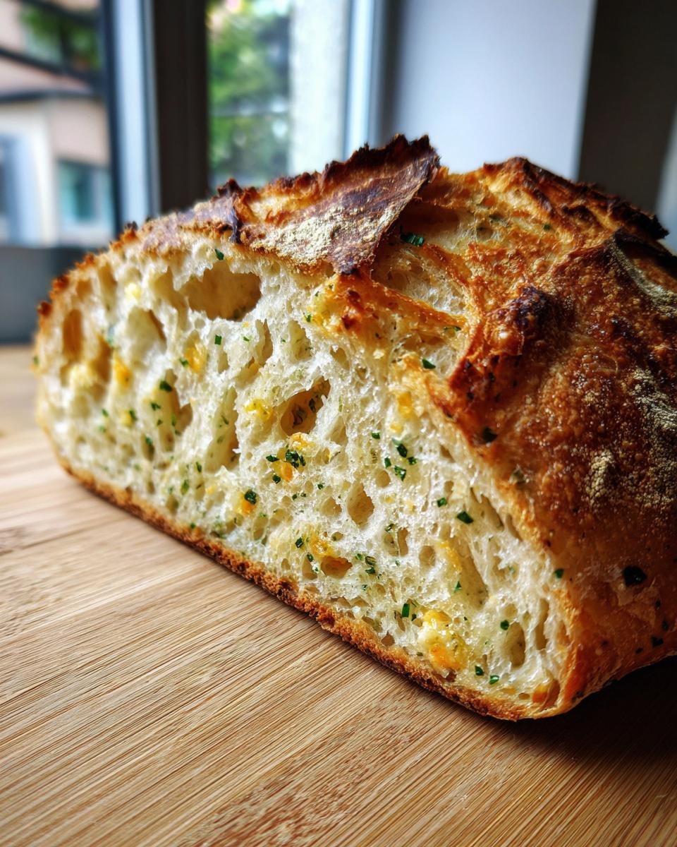 Close-up of a freshly sliced artisan bread revealing an open crumb structure with visible cheese and green herbs.