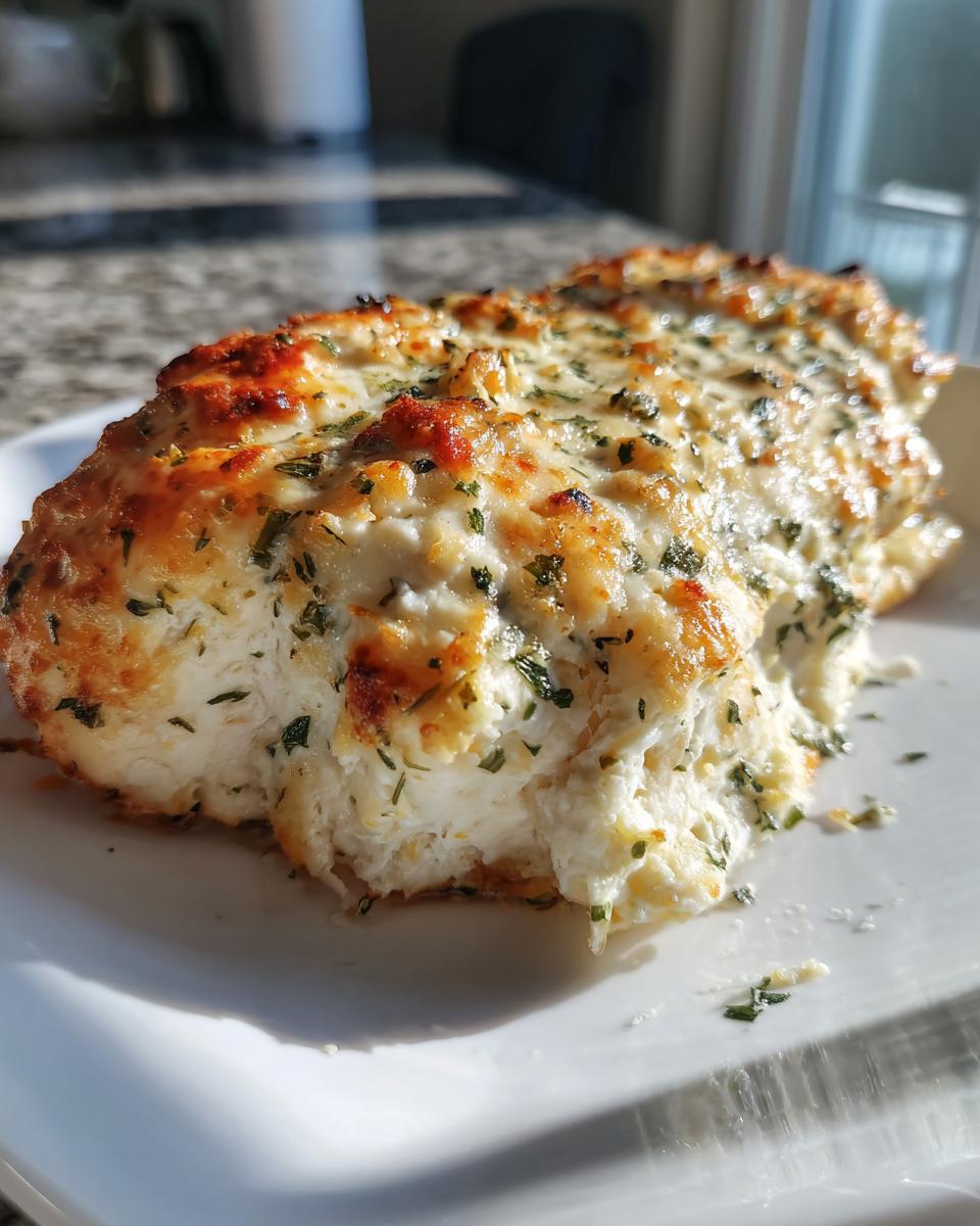 A close-up of a moist, cheesy baked ranch chicken breast topped with melted cheese and green herbs.