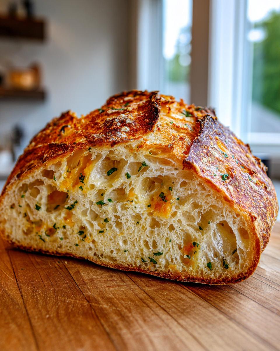 Close-up of a freshly baked artisan bread loaf cut in half, revealing an open crumb with visible cheese and green herbs.