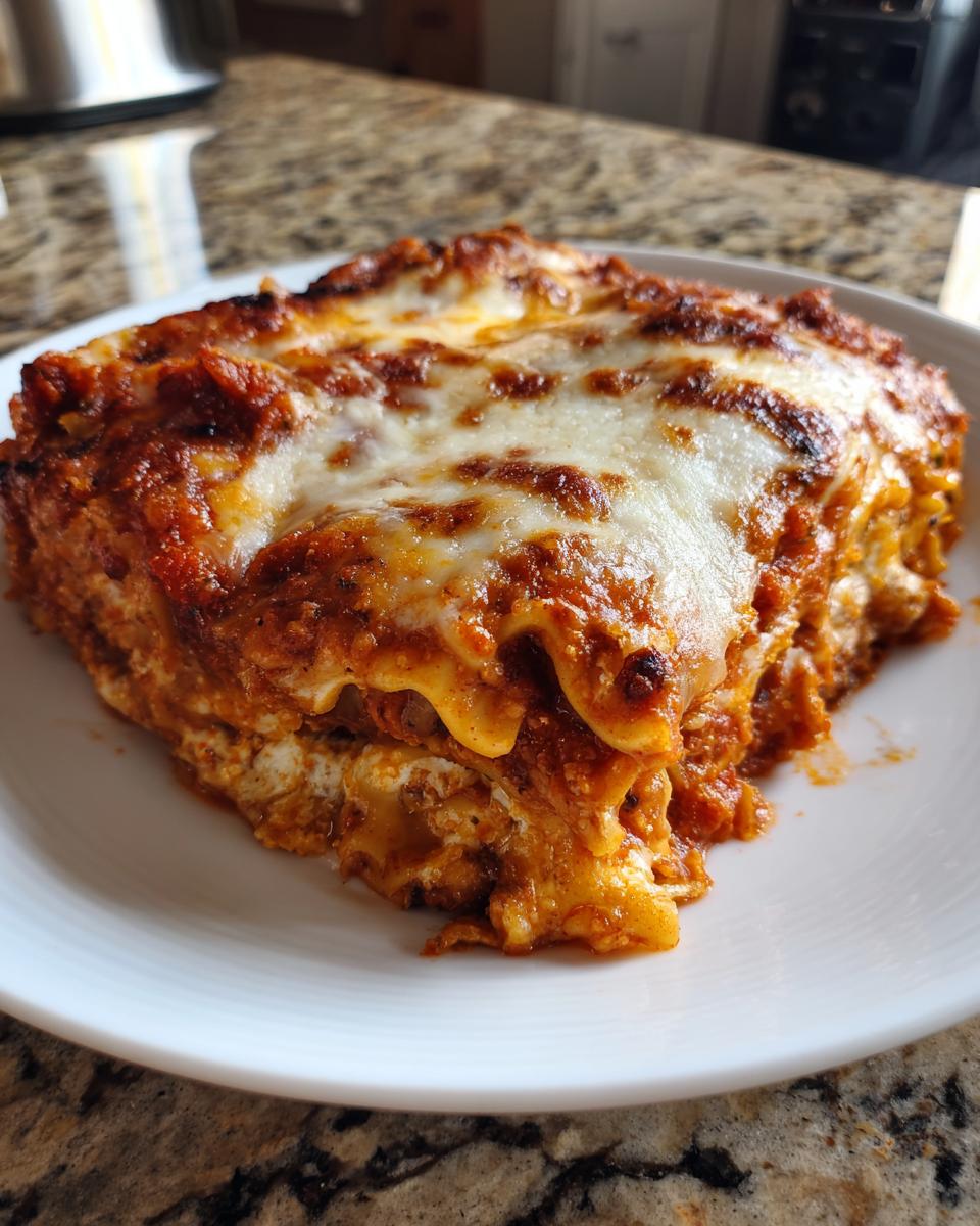 A generous slice of gooey, cheesy lazy lasagna topped with melted mozzarella and rich red sauce.