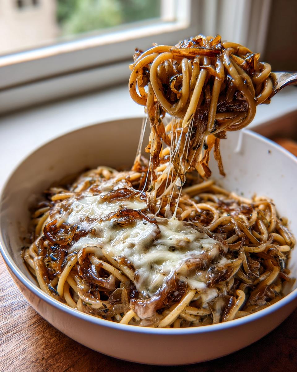 A fork lifting a twirl of french onion pasta topped with melted, stringy cheese and caramelized onions.