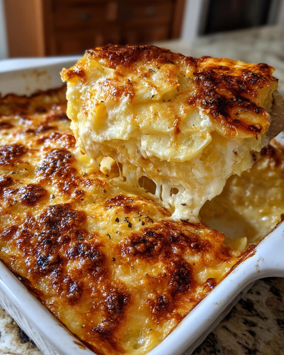 A serving spoon lifts a cheesy, layered slice of baked scalloped potatoes from a white casserole dish.
