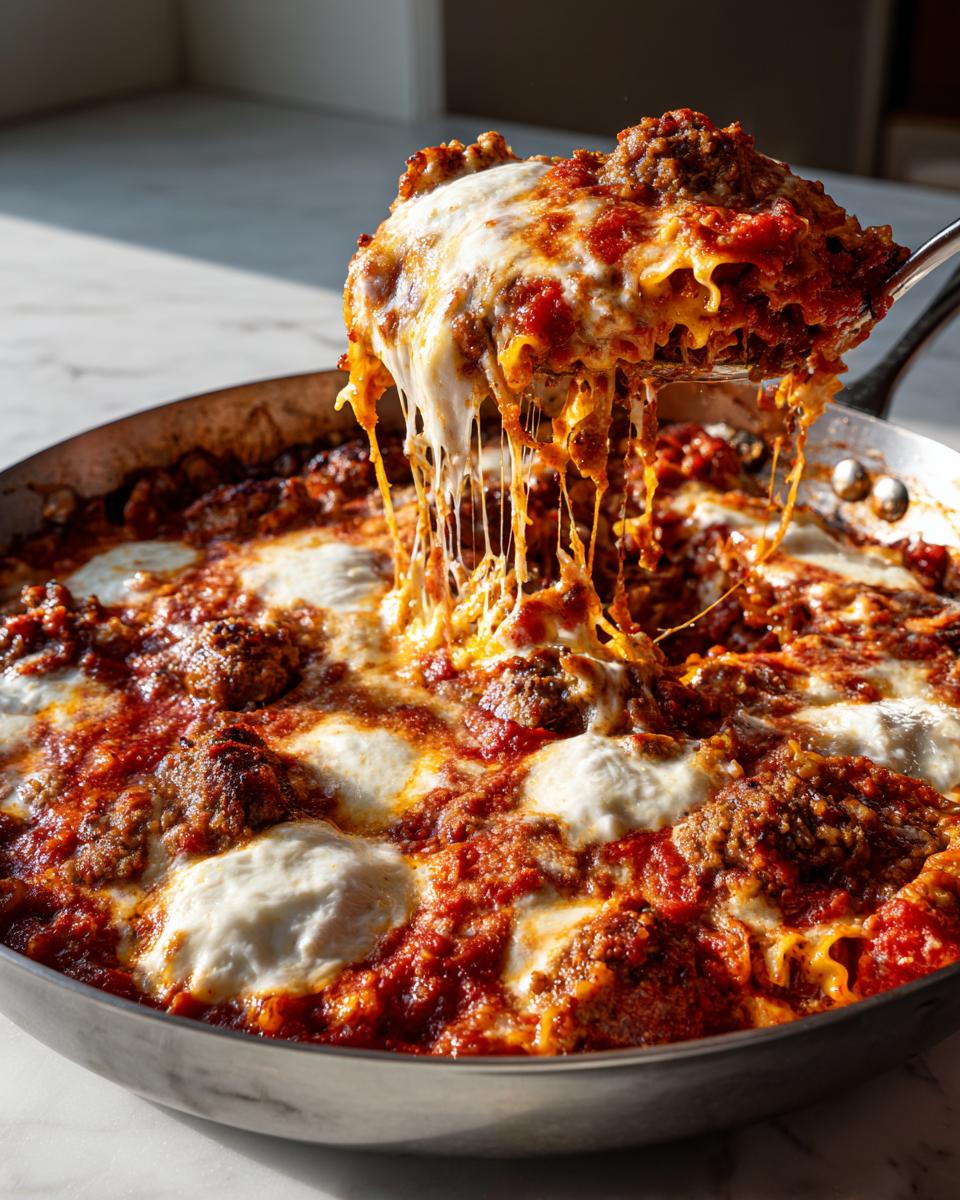 A spoonful of rich, meaty skillet lasagna is lifted from the pan, showing a dramatic, long cheese pull.